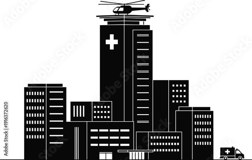 Modern hospital building silhouette with medical helicopter on rooftop helipad and ambulance on ground, urban healthcare center vector illustration on white background.