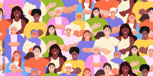 Give to Gain IWD 2026 concept International Women's Day seamless pattern Diverse women raising open palms. Women's march or rally, hands giving gesture. Modern flat vector illustration banner backdrop