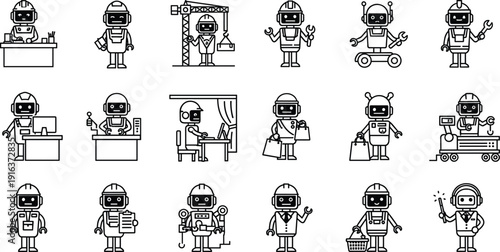 Robot workforce icons set featuring robotic characters in various roles like construction worker, office staff, shopping assistant and engineer, line art vector.