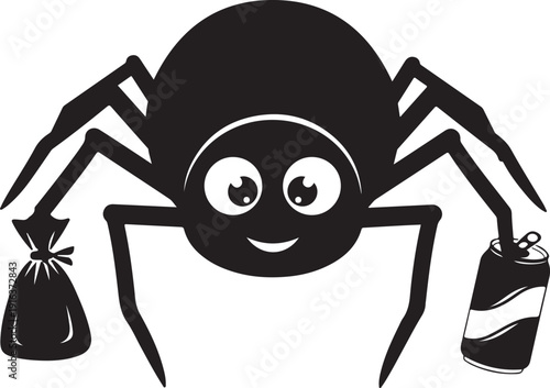 A cartoon spider holding a trash bag and a shoe Vector, illustration