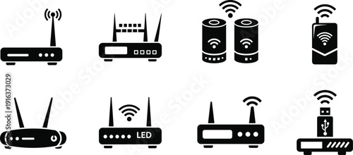 Wireless internet router and modem icons set, wifi network connection devices featuring signal antennas, usb adapters and mesh system vector illustrations.