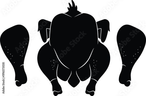 Whole roasted chicken silhouette and grilled drumsticks isolated on white background, black vector illustration of poultry meat for food and restaurant design.