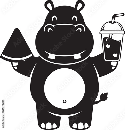 A happy hippo holding ice cream and a drink Vector, illustration