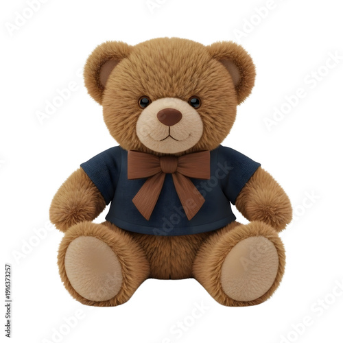 Teddy bear sitting alone wearing blue shirt and brown bow on plain surface from front view
