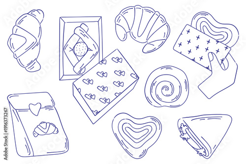 hand drawn bakery doodle set with croissant, sandwich, pastry box and sweets, minimalist line art illustration for cafe menu, packaging design, food branding, breakfast and snack theme