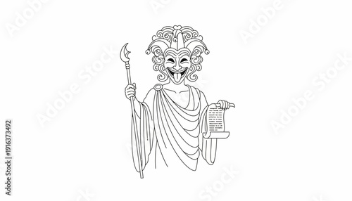 Ancient Greek Theatre Mask, Comedy and Tragedy, Scroll and Staff