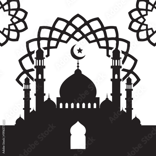 Refined vector illustration crescent moon star mosque silhouette ramadan kareem eid mubarak islamic holy night religion.