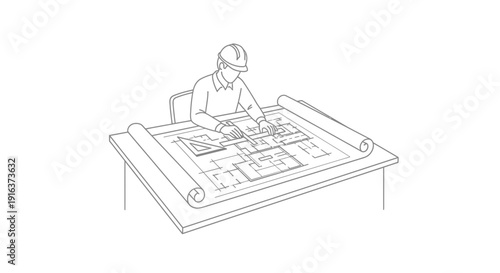 Architect or engineer working on blueprint with drafting tools on desk