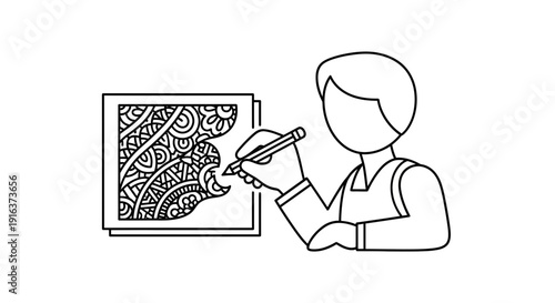 Artist drawing intricate mandala pattern on paper with pencil, creative hobby