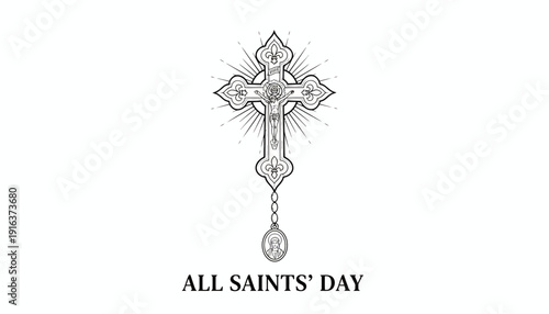 All Saints' Day Cross Rosary Beads Religious Holiday Celebration Vector Illustration