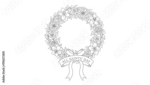 All Saints Day Wreath with Flowers and Ribbon, Hand-Drawn Sketch