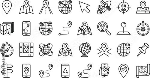 Diverse collection of line icons for navigation, location, and mapping, featuring GPS pins, routes, global positioning, mobile apps, and travel directions.