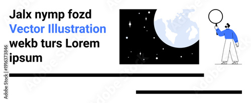 Individual examining space and Earth using magnifying glass. Starry night sky and globe support themes. Ideal for research, exploration, innovation, curiosity, science, global awareness, simple