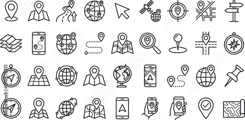 Comprehensive set of navigation and location line icons, featuring GPS, maps, routes, and global positioning symbols for digital interfaces and travel applications.