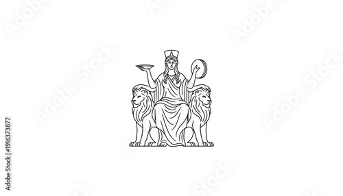 Ancient Goddess Cybele Enthroned Between Two Lions Holding Symbols of Power