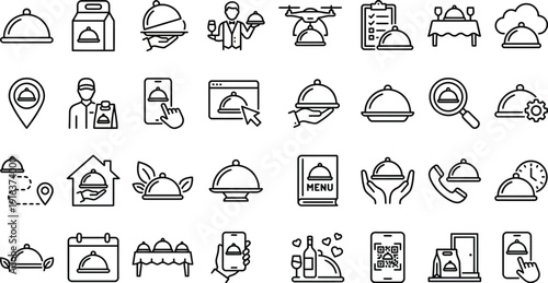 A comprehensive vector icon set illustrating food delivery, restaurant services, online ordering, catering, and dining experiences for digital platforms.