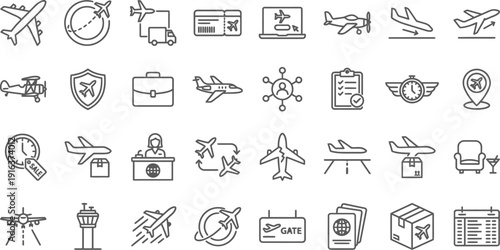Aviation and Air Travel Line Icons Set for Flight Logistics and Tourism