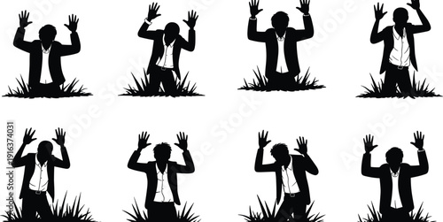 Zombie rising from ground silhouette set, spooky undead businessman emerging hands up horror Halloween illustration isolated