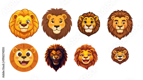 set of cute cartoon lion emoticons