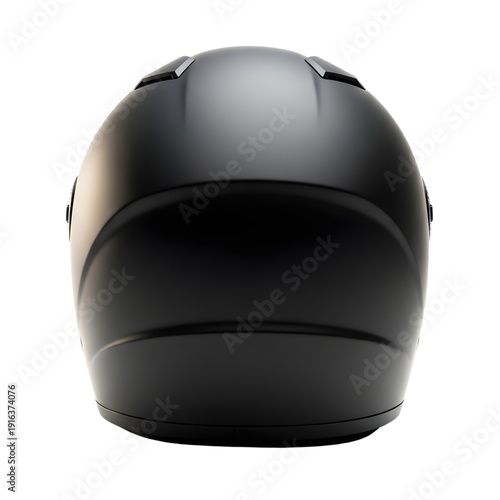 Rear view of black motorcycle helmet on transparent background