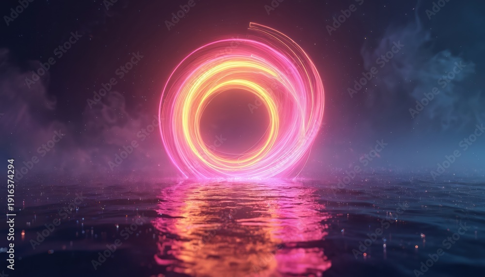 Fototapeta premium Swirling pink and yellow light portal hovers over dark water at night. Reflections of neon glow shimmer on rippling ocean waves under starry sky. Abstract portal leads to another dimension.