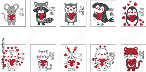 Collection of cute cartoon animals and girl holding hearts isolated on transparent background