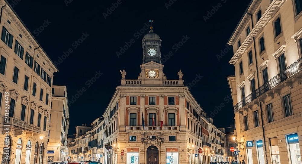 Fototapeta premium A grand neoclassical clock tower building stands illuminated at night in a quiet, historic European city square plaza.