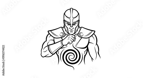 Warrior with Spiral Symbol on Chest, Comic Style Line Art