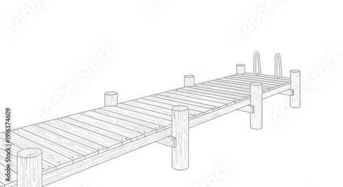 Wooden Dock with Ladder Extending into Water, Summer Vacation Scene