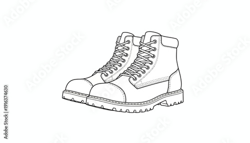 Work Boots Drawing, Rugged Footwear, Industrial Style, Sketch Illustration
