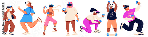 Players VR game use VR headsets and joystick.Set. Man, woman, children with VR goggles in augmented reality playing game on virtual screen. Modern entertainment. Vector