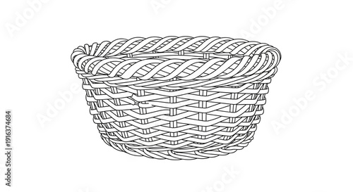Woven Wicker Basket Outline Drawing - Empty Container for Storage or Decoration