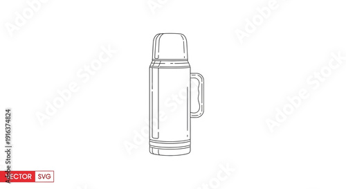 Vintage Thermos Flask with Handle, Hand-Drawn Line Art Illustration