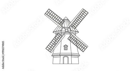 Vintage Windmill Outline Drawing - Traditional European Countryside Architecture