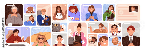 Online meeting concept. Set of people taking on video call by different devices. Windows with men and women on conference. Screens with colleagues, friends. Flat isolated vector illustrations on white