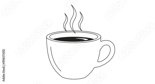 Steaming Coffee Cup Icon, Minimalist Line Art, Hot Beverage, Morning Drink, Black and White