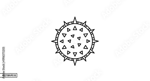 Stylized virus icon, abstract representation of a microbe or bacterium, black outline on white background