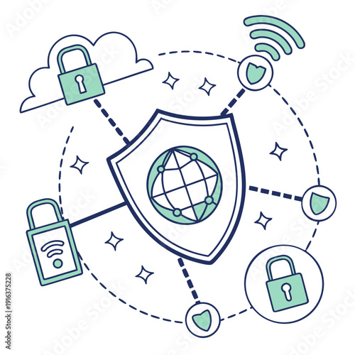 A shield with locks and a globe in the center