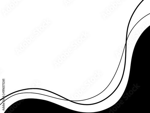 Modern minimalist abstract background featuring smooth flowing wavy lines in black and white tones. Elegant layered curves create a dynamic yet clean composition with monochrome gradients and organic 