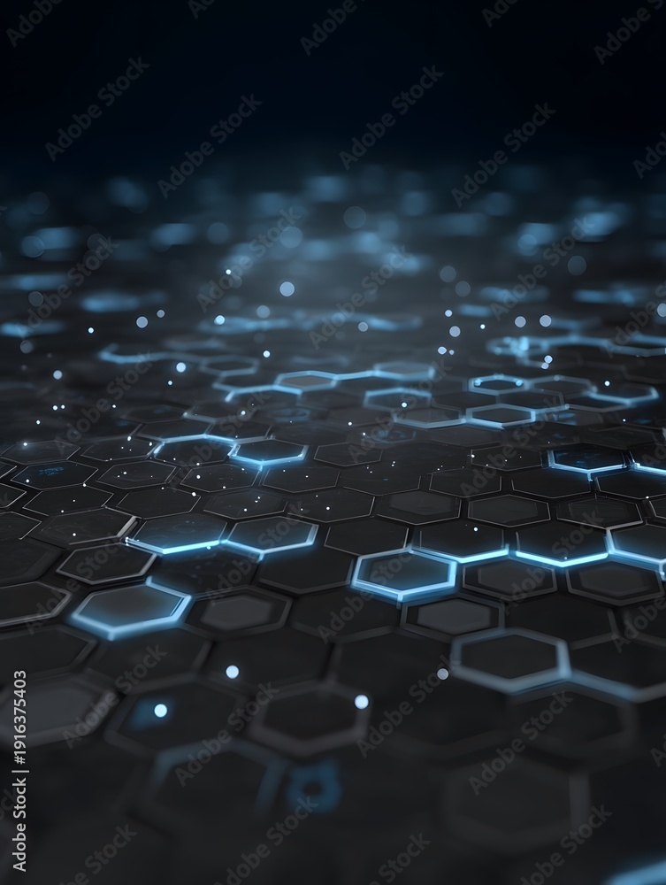 Obraz premium Futuristic digital technology concept with glowing hexagonal patterns and illuminated nodes on a dark background