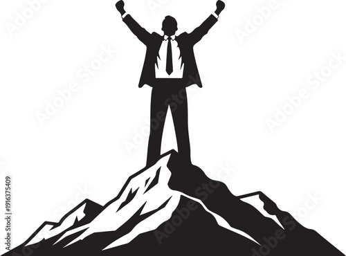 A man in a business suit stands triumphantly on a mountain peak Vector, illustration