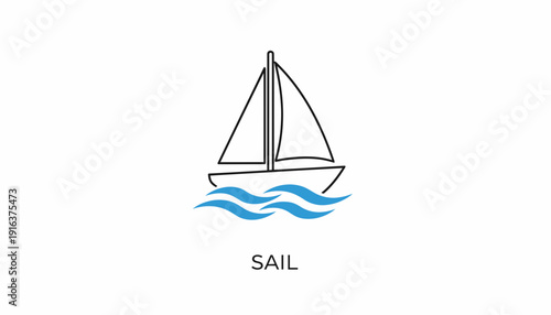 Simple Line Art Sailboat on Blue Waves, Nautical Icon, Minimalist Design