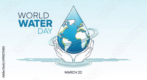 World water day poster with hands holding earth globe in water drop on march 22