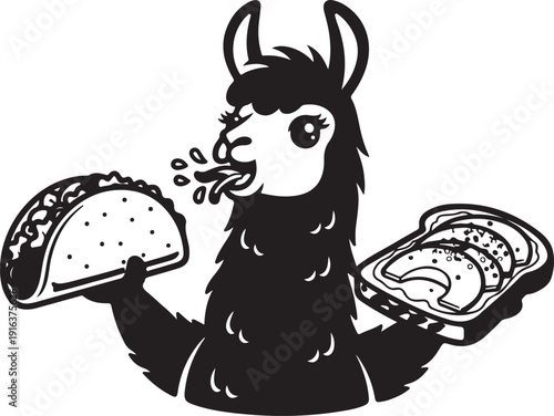 A cartoon llama eating a taco and holding a tray of food Vector, illustration