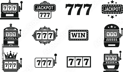 Casino jackpot 777 slot machine icons set with win symbols and gambling vector illustration
