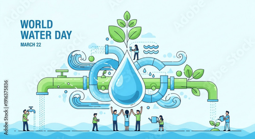 World water day illustration with people saving water and green plant growing out of blue drop
