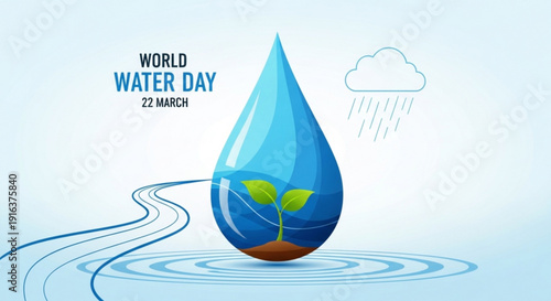World water day illustration with a water droplet and green plant symbolizing conservation and sustainability on march 22nd