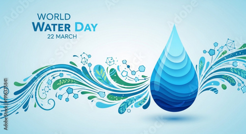 World water day illustration with blue water drop and flowing waves on light blue background