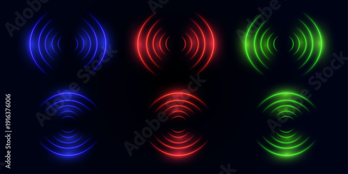 Wireless Wi-Fi signals with glowing radar circles isolated on a transparent background. Futuristic Wi-Fi sensor light effect. Communication icon indicating network connection and data transfer.