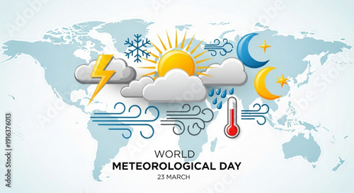World meteorological day weather icons on a world map background with sun moon clouds and temperature symbols